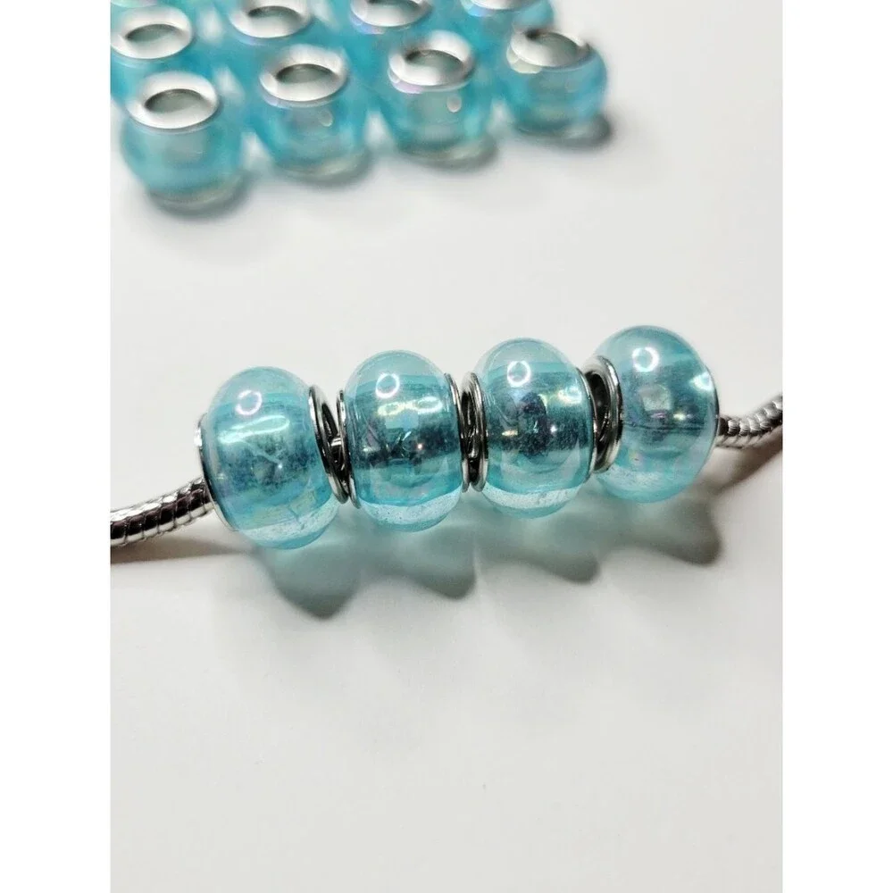 New! 16 Gorgeous Aqua Blue Translucent AB Round European Charm Beads For Pandora